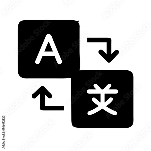 Black and white icon of language translation symbols with arrows