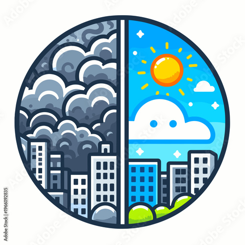 Circular illustration contrasting a polluted city with smog and a clean, sunny city, symbolizing environmental duality