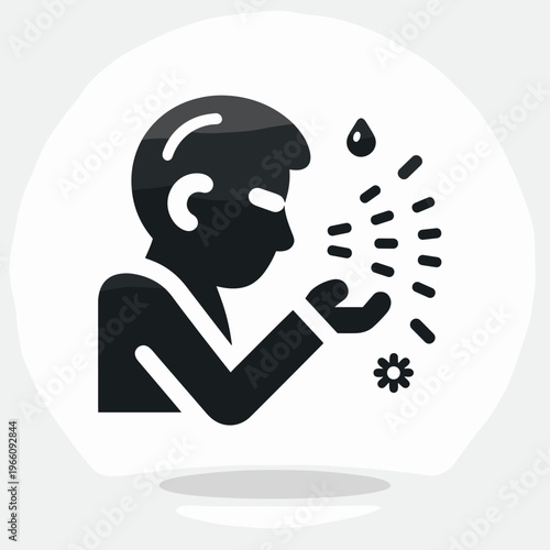 Silhouette icon of a person with allergy symptoms, showing pollen or dust particles and droplets, representing health and medical issues
