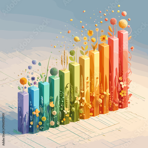Colorful floral pollen graph depicting rising allergy levels, a vibrant illustration of seasonal environmental impact