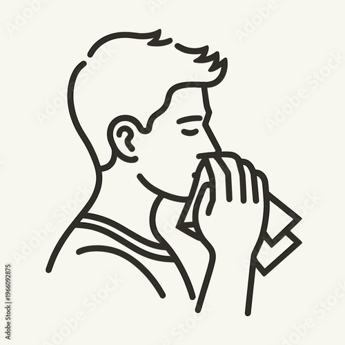 Minimalistic linear icon of a person blowing his nose into a handkerchief, symbolizing a cold or allergy