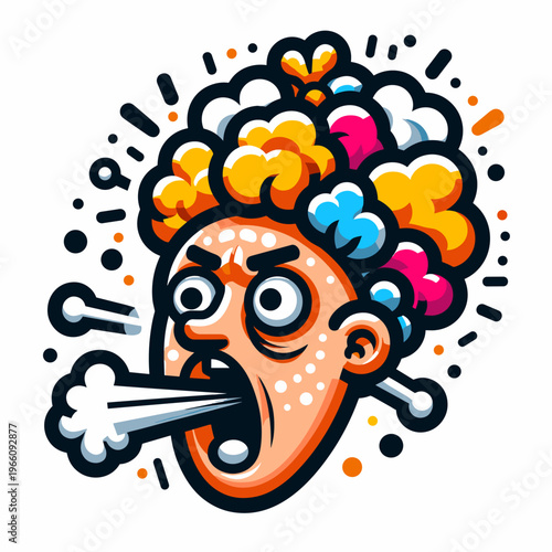 Stylized pop art illustration of a person with an allergic reaction sneezing with a cloud of pollen, the concept of pollinosis and spring allergy