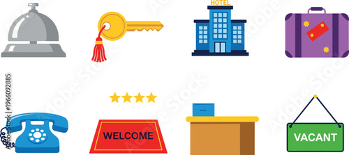 Hotel and Hospitality Service Icons Set Featuring Bell, Key, Hotel, Suitcase, and Welcome Sign for Guest Services and Accommodation