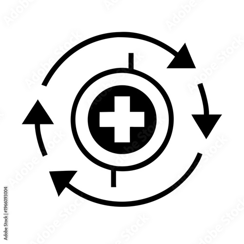 Black and white medical target icon with rotating arrows