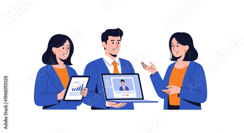 Business people discussing data charts.