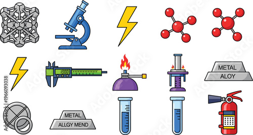 Metal Alloy and Scientific Tools Icons Set Featuring Microscope, Molecules, Fire, and Test Tubes for Materials Science and Research
