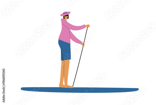 Young European woman standing on sup board, isolated on white background.