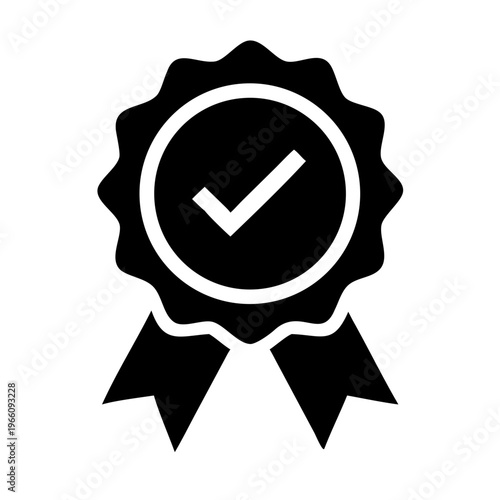 Black and white icon of a rosette ribbon with a checkmark