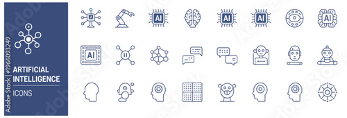 Collection of artificial intelligence icons for business and technology concepts, illustrating AI and machine learning.