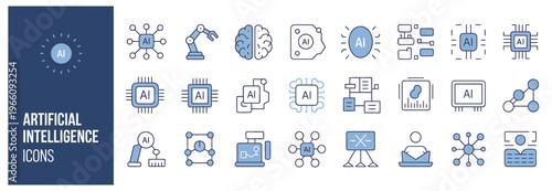 Collection of artificial intelligence icons in blue and white colors for technology and innovation designs