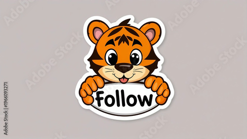 Cartoon tiger cub peeking over white oval follow sign against neutral grey background art.