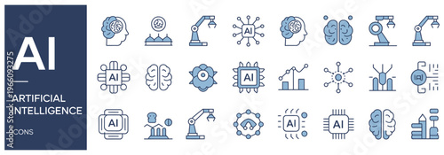 Collection of various blue line icons representing artificial intelligence concepts and technology