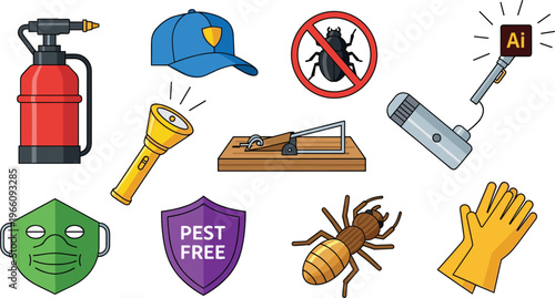 Pest Control and Safety Tools Icons Set Featuring Fire Extinguisher, Mosquito, Trap, Gloves, and Pest-Free Protection for Home and Outdoor Safety