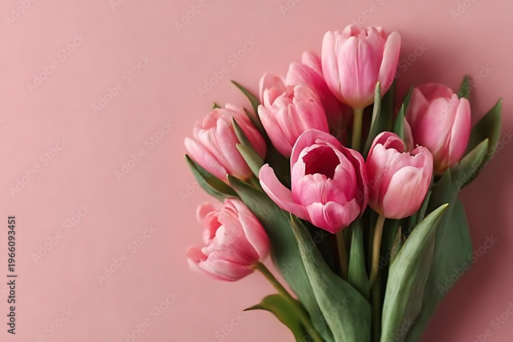 Obraz premium A beautiful bouquet of pink tulips on a soft pink background, capturing the essence of spring and delicate beauty.
