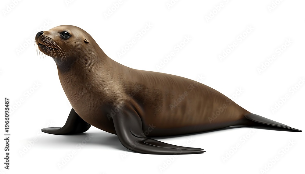 Fototapeta premium A playful California sea lion with smooth brown fur poses confidently looking upwards on a white background.