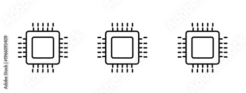 Three black and white illustrations of microchips in a row on white background, technology concept