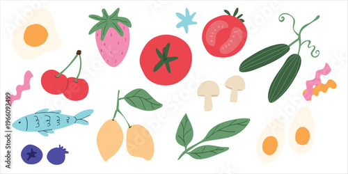 A modern collection of hand-drawn healthy foods: fruits, vegetables, fish and eggs, in a flat doodle style.