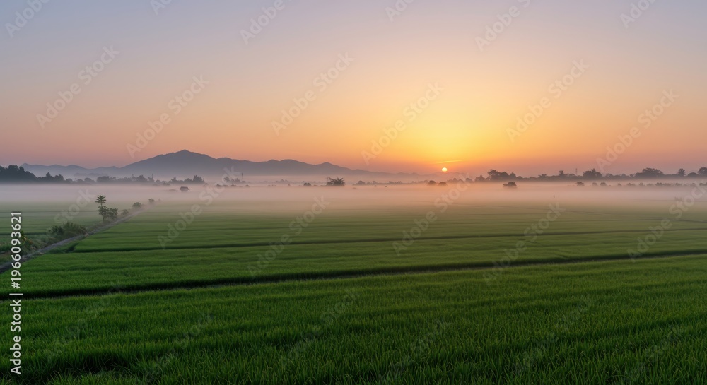 Obraz premium Bright sun ascends over misty green fields with distant mountains on the horizon