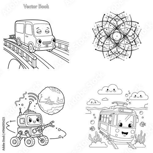 Cute cartoon van on bridge, mandala, rover on mars, and bus in clouds, line art, outer space