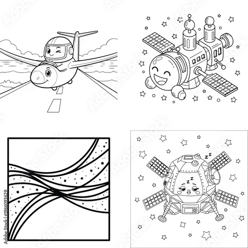 Cute cartoon helicopter pilot, satellite, constellation, and spacecraft, line art, outer space