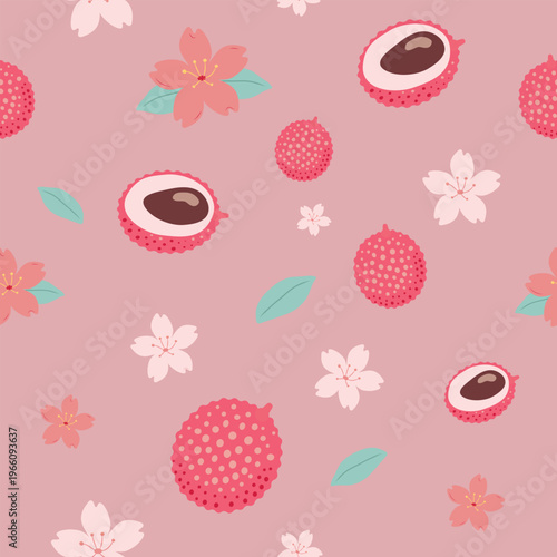 Seamless pattern with lychee fruits, cross-section slices, tropical flowers and green leaves