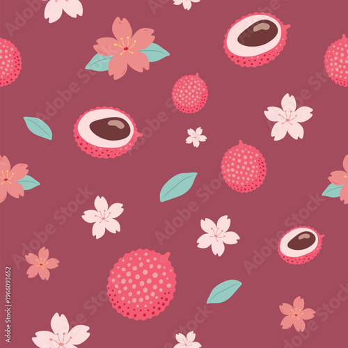 Vector tropical seamless pattern. Lychee fruit, branches, and flowers on a background
