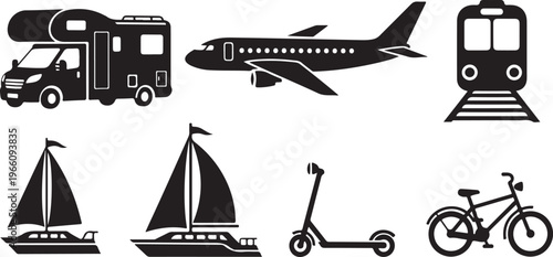 Black and white of transportation modes delivery shipping and travel delivery truck cargo ship