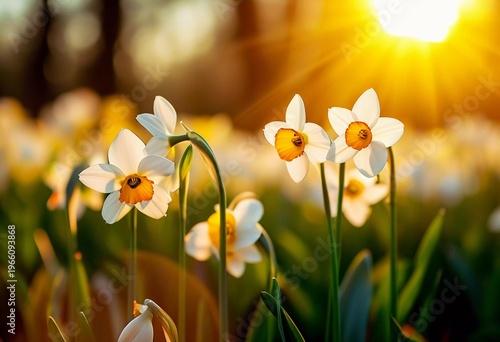 Bright narcissus flowers fill a flowerbed as the sun sets in the background. Light shines through the petals, creating a warm atmosphere in the garden Generative AI