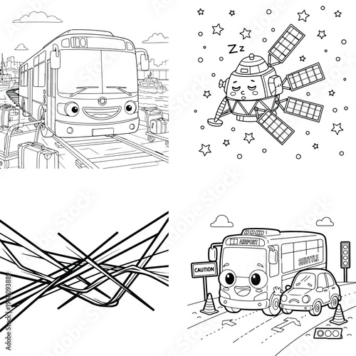 Cute anthropomorphic cartoon train and bus with car for kids coloring book with line art