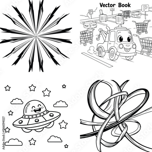 Cute ufo flying saucer with stars and clouds with black and white with line art with sci fi