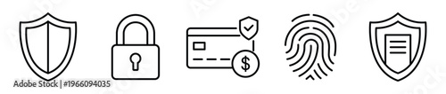 Security icon set. Data protection and cybersecurity symbols. Shield, lock, secure payment, fingerprint and privacy elements. Digital security and safe access concept.