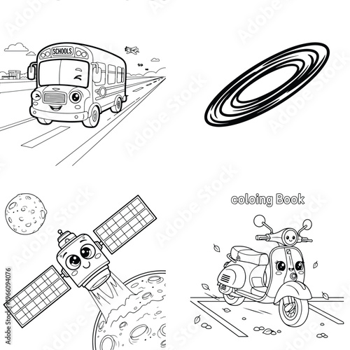 Vector coloring page: school bus on road, space satellite, scooter, and swirl, line art, outer space