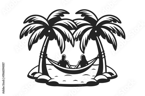 Relaxing Beach Resort Silhouette Illustration of a Palm Tree and a Swinging Hammock
