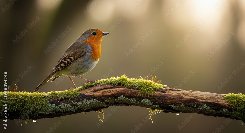 Obraz premium Charming robin perched on a mossy branch in soft morning light