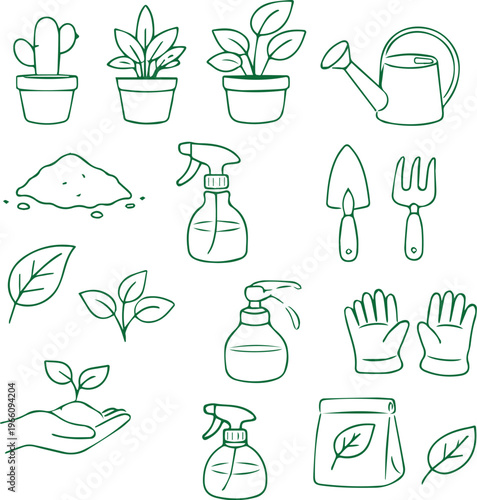 Gardening Line Icon Set, Plant Care and Eco Lifestyle Outline Icons, Indoor Plants and Garden Tools Vector Pack, Minimal Green Monoline Design