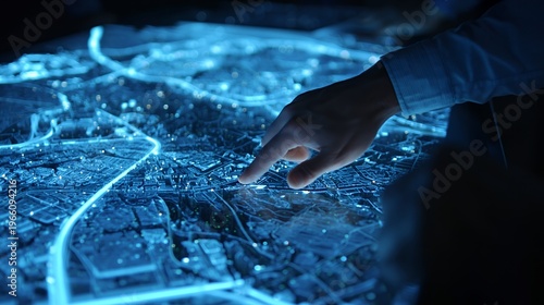 Hand touching a glowing blue digital city map on a touch screen
