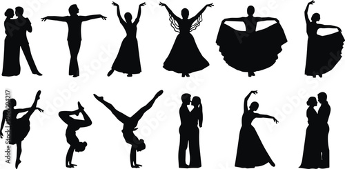 Dance silhouettes illustration, ballet poses, ballroom figures, contemporary moves, partnered icons, black silhouettes, vector art, design outline, expressive motion