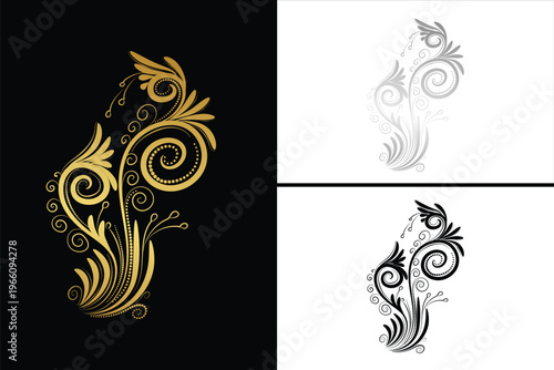 Collection of golden decorative ornaments and flourishes