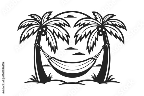 Peaceful Coastal Retreat Silhouette with a Hammock Tied Between Palm Trees