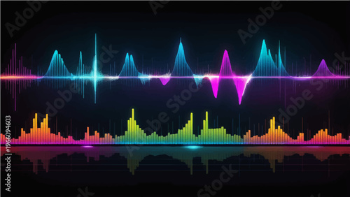 Vibrant audio visualizer, capturing sound waves' dynamic pulse, a mesmerizing display of musicality, energy, and rhythm.