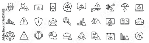Security alerts and warning signs outline icon set featuring caution triangle, exclamation mark, risk notification, SOS emergency signal, and safety shield vector illustration on editable stroke