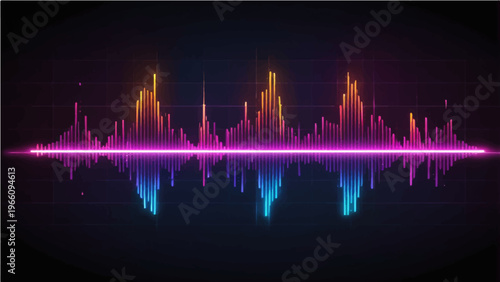 Dynamic audio spectrum pulses with vibrant energy, illuminating a dark soundscape with rhythmic waves of neon light. A digital audio waveform visualizes the essence of sound and music.