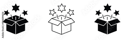 Open Box With Stars Line And Solid Icon Set, Surprise, Celebration, Gift Unboxing Outline And Silhouette Symbols, Party Concept, Festive Illustration, Present Icons, Happy Occasion Graphics,