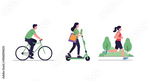 Eco-friendly transportation, people cycling, scooting, running, urban commute, active lifestyle
