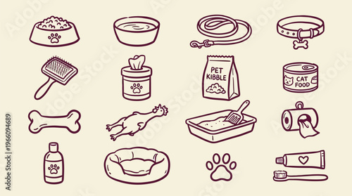 Pet Care Icons Set with Dog Food and Accessories
