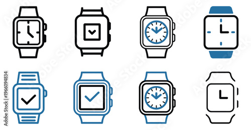 Collection of smart watch icons in various styles and colors on white background