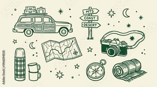 Vintage Car Traveling at Night with Camping Gear