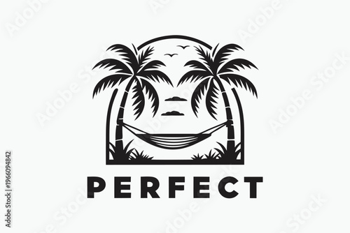 Tropical Destination Silhouette of a Hammock and Palm Tree for Tourism Design