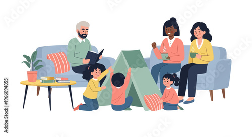 Family playing together on couch.