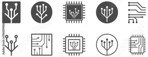 Abstract circuit board and branching network icons representing technology and connectivity.